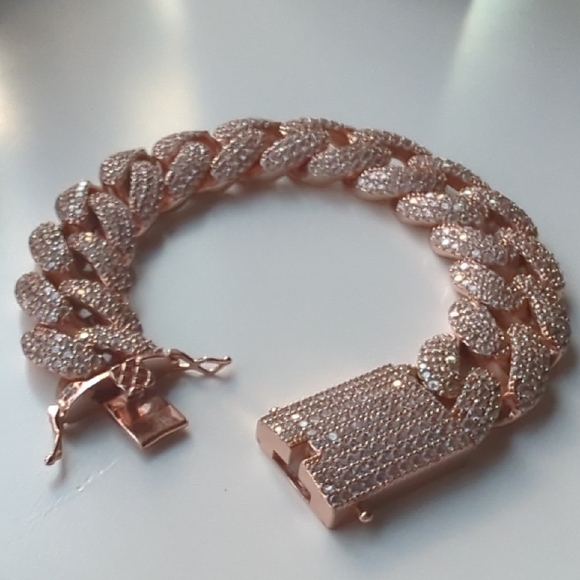 Bling Master Jewelry - Cuban Link Bracelet Rose Gold Tone AAA Cubic Zirconia Prong Set Bracelet 7.5